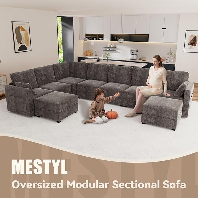 mestyl Modular Sectional Sofa Convertible U Shaped Sofa Couch Set with Storage for Living Room, Modern 4 Seater Modular Sectional Couch with 2 Movable Ottoman (Grey)