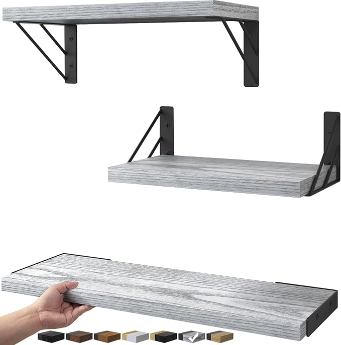 BAYKA Wall Shelves for Bedroom Decor, Floating Wall Shelves for Living Room Kitchen Storage, Wall Mounted Rustic Wood Floating Shelves for Kids Books,Corner Shelves for Bathroom(White，Set of 3)