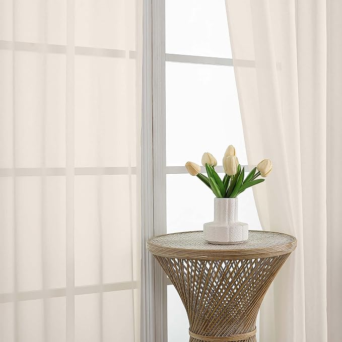 Cream Sheer Curtains 63 Inches Long 2 Panels Set, Light Filtering Sheer Curtains - Image 3