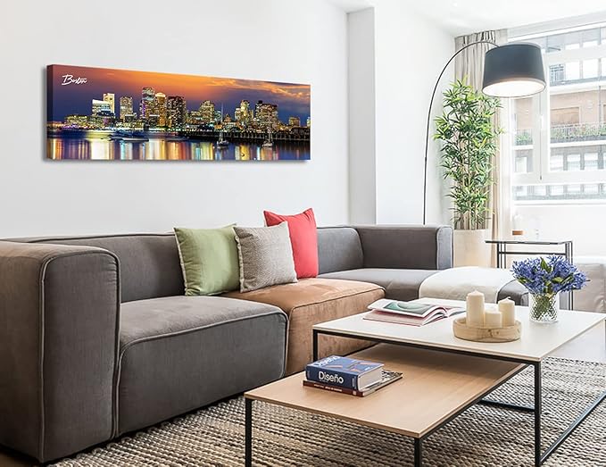 DJSYLIFE Boston Skyline Wall Art Canvas Prints Colorful USA City Night Pictures Modern Panoramic Cityscape Posters Paintings for Bedroom Office Decor, Ready to Hang 13.8"x45.3"