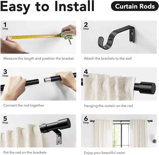 Extra Long Curtain Rods for Windows 32 to 170 Inch, 1 Inch Black Heavy Duty - Image 6