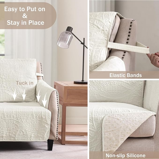 Large Ivory Recliner Chair Covers, Quilted Décor Water-Repellent Lazy Boy Chair - Image 3