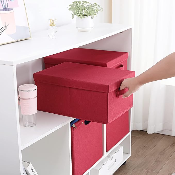 HOONEX Storage Bins with Lids for Organizing, Pack of 2, Storage Boxes with 2 Carrying Handles and Sturdy Heavy Cardboard, 16.5" L x 11.8" W x 7.5" H for Shoes, Books, Clothes, Red