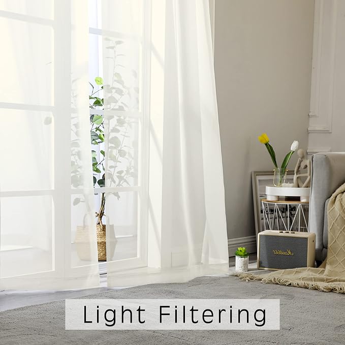 Sheer Curtains 63 inch Length, Ivory Sheer Cutains 2 Panels Set - Image 2