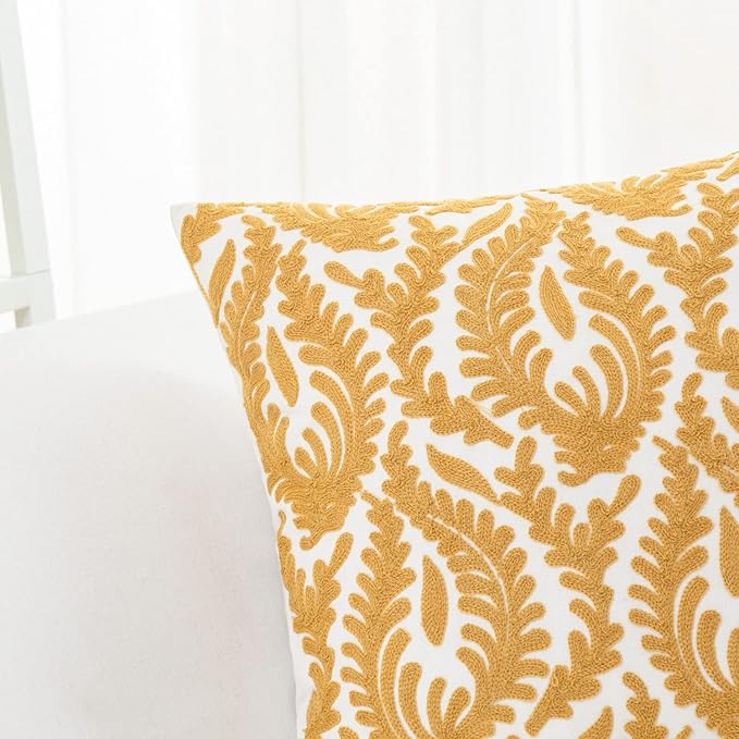 HWY 50 Mustard Yellow Decorative Throw Pillow Covers 18x18 Inch, Pack of 2 Embroidered Cotton Farmhouse Cushion Cover Pillow Case for Sofa Couch Living Room Bed Bedroon, Accent Branches