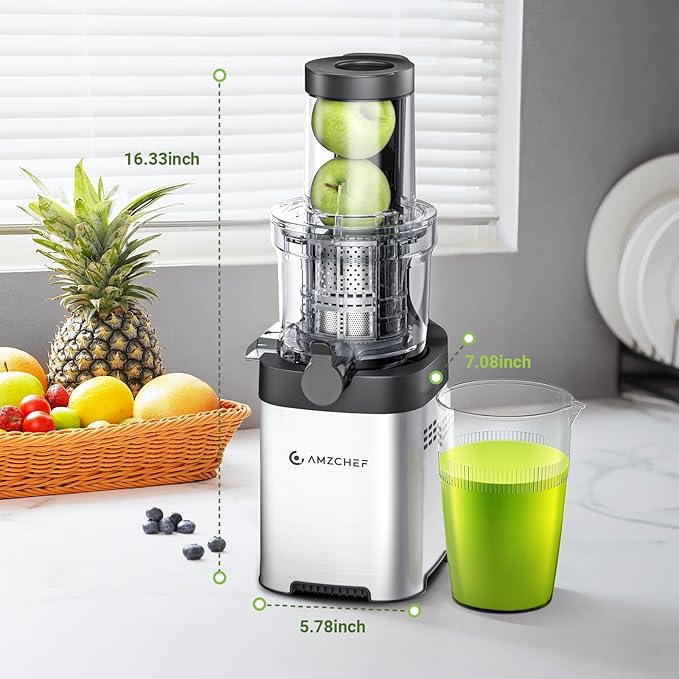 AMZCHEF Cold Press Juicer, Juicer Machines - 3.1" Large Feed Chute for Whole Fruits & Vegetables, Stainless Steel Slow Masticating Juicer Easy to Clean, Large Auger, Double Strainers, Silver