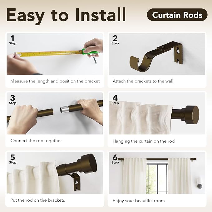 IFELS Heavy Duty Curtain Rods for Windows 66 to 120 Inch, 1 Inch Bronze Curtain - Image 8