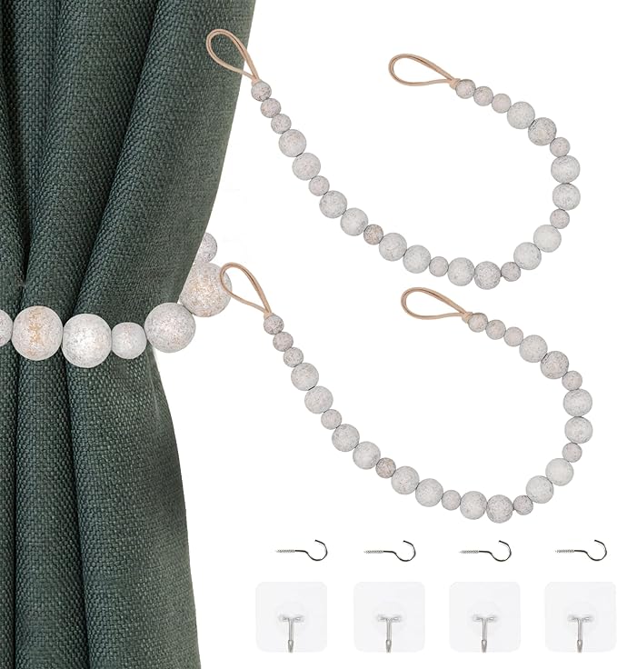 OCIOLI 2 Pieces Wood Bead Curtain Tieback Boho Curtain Tiebacks Curtain by OCIOLI