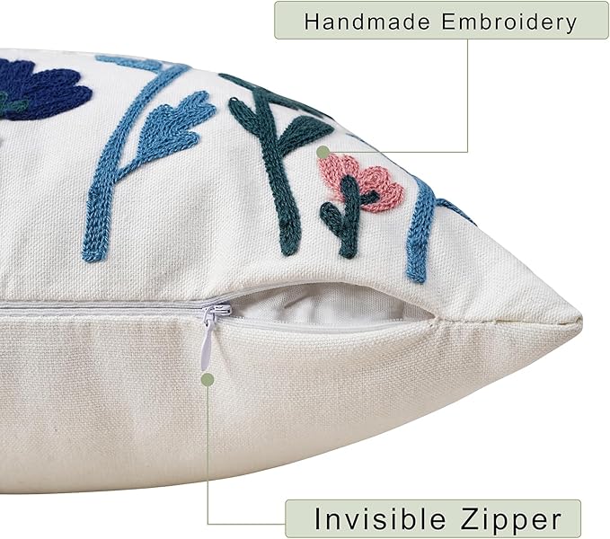 Merrycolor Embroidered Pillow Covers 18x18 Flower Pattern Decorative Throw Pillow Covers Comfortable Cotton Canvas Square Cushion Cases for Sofa Bed Living Room Decor