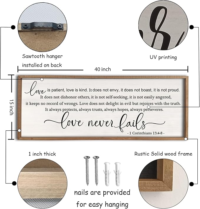 flowtorely Love is Patient, Kind Wall Art Decor 40"X15" Sign 1 Corinthians 13 Bedroom Above Bed Wall Decor Large Bible Verse Quote Scripture Christianity Hanging Sign (Wood)