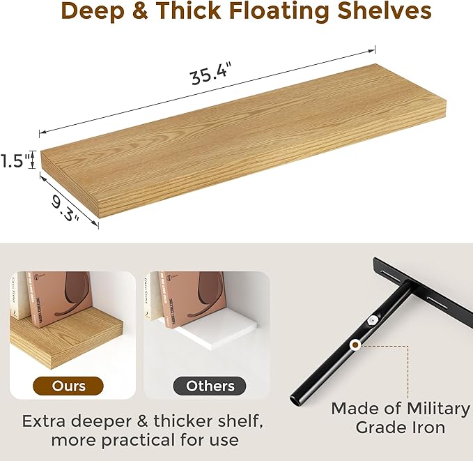 Fun Memories Rustic Wood Floating Shelves for Wall, 36 x 9 Wall Shelves Set of 2, Deep Floating Shelf for Kitchen, Living Room Storage & Display, Rustic Deep Bookshelf, Oak Color
