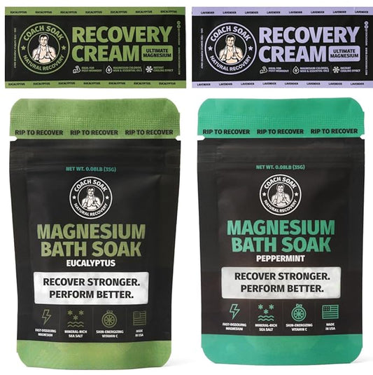 Coach Soak Magnesium Flakes & Lotion Trial Pack - Soothing Menthol Lotion & Bath Soak - 0.18 Lb Sachets - Lavender, Eucalyptus & Peppermint Scents
