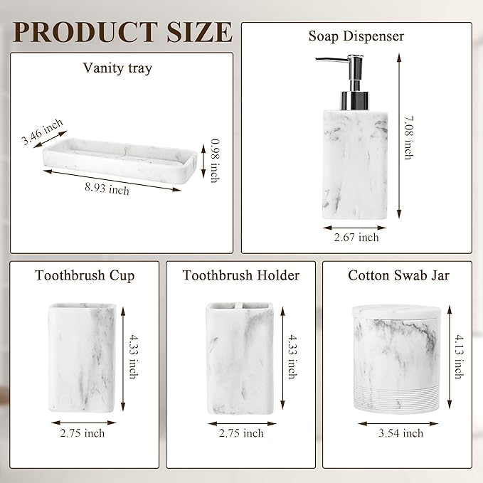 Bathroom Accessories Set, 6 Piece Bathroom Set with Toothbrush Holders, Soap Dispenser, Vanity Tray, Tumbler, Cotton Swab Jars, Bathroom Organizer，Bathroom Sink Sets, Artificial Marble White