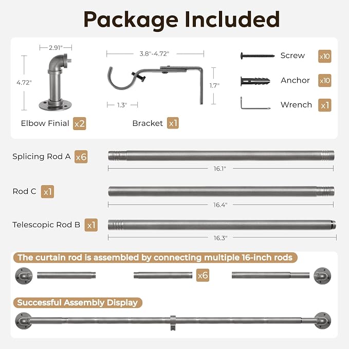 Zeerobee Curtain Rods for Windows 66 to 120, 1 Inch Industrial Wrap Around Grey - Image 7
