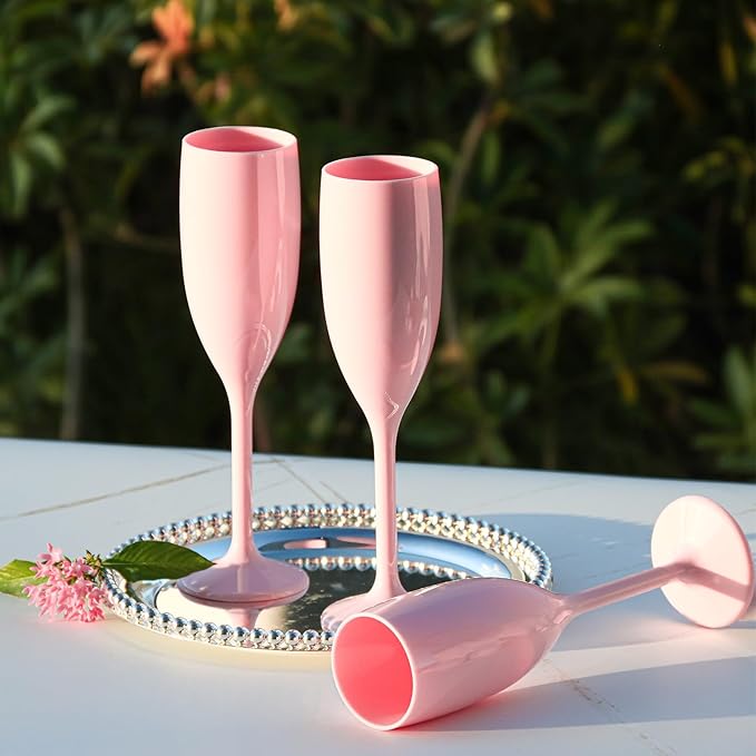 XUWAIDSGN Acrylic Champagne Flutes Toasting Glasses Unbreakable Mimosa Bar Reusable Wine Glasses Vintage Champagne Flutes Stemmed Drinking Cups 5.4 OZ for Christmas Birthday (100, Pink)