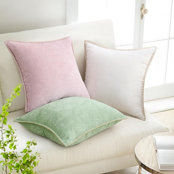 decorUhome Chenille Soft Throw Pillow Covers 24x24 Set of 2, Farmhouse Velvet Neutral Decorative Euro Pillow Covers with Stitched Edge for Couch Sofa Bed Home Decor, Blush Pink