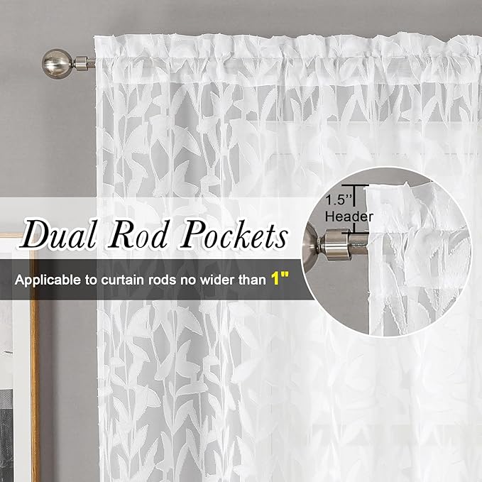 Lecloud Leia White Sheer Curtains 96 Inches Long 2 Panels, Airy Voile Jacquard - Image 4