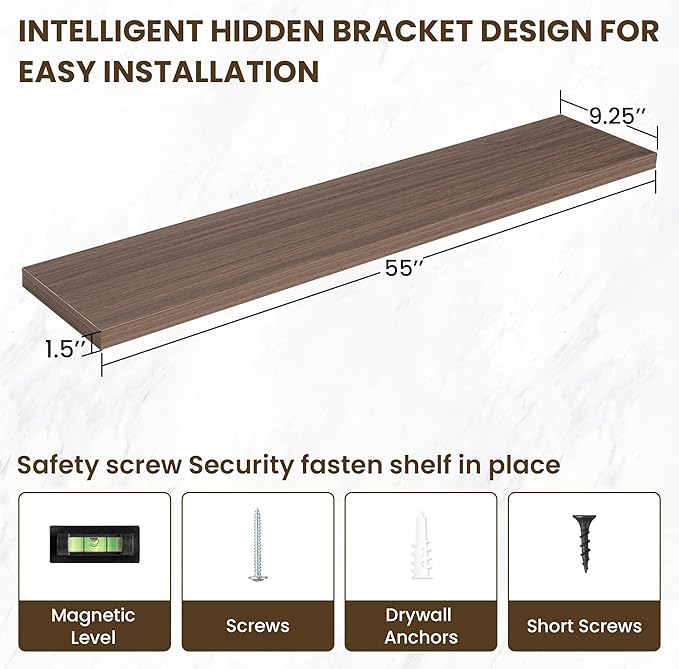 55 Inch Floating Shelves, 55"x9.25"x1.5" Inch Deep Floating Shelves for Wall, Wooden Shelves for Bathroom, Bedroom, Living Room, Walnut