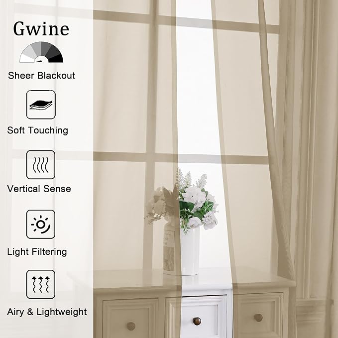 Gwine Taupe Sheer Curtains for Bedroom 54 inches Long 2 Panels, Light Filtering - Image 2