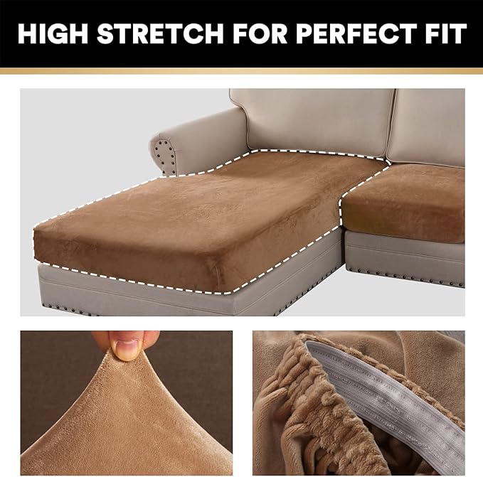 PrinceDeco Sectional Couch Covers 4 Pieces Couch Covers for Sofa Velvet Separate Couch Cover L Shape for Left/Right Chaise(3 Seater + 1 Chaise,Camel)