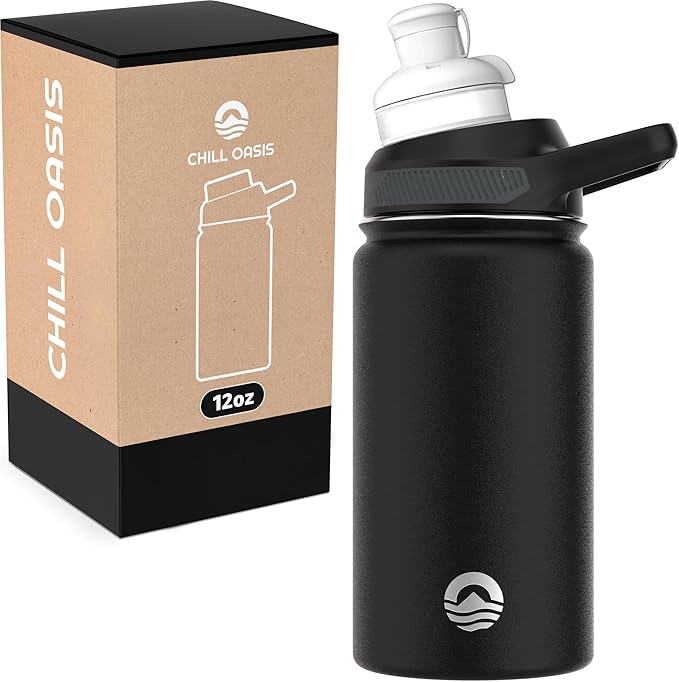 Chill Oasis Water Bottle | Compatible With Popular Flavor Cartridges | BPA Free, Leak Proof, Double-Walled Vacuum Insulated Stainless Steel, and Dishwasher Safe | Cold for 24 Hours (Black, 12oz)