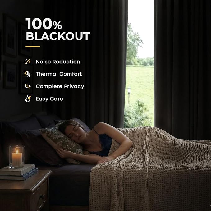 100% Blackout Curtains for Bedroom Oatmeal Linen Look Curtains 80 Inch Long | - Image 2
