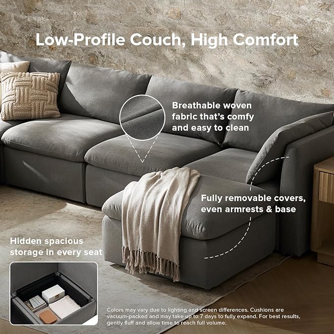 mopio Oversized Modular Sectional Sofa with Fully Removable Covers and Storage, Convertible U, L-Shaped and Sleeper Sectional, Modern Couches with Ottoman Chaise (Stone Gray Fabric, 6 Seats, L)