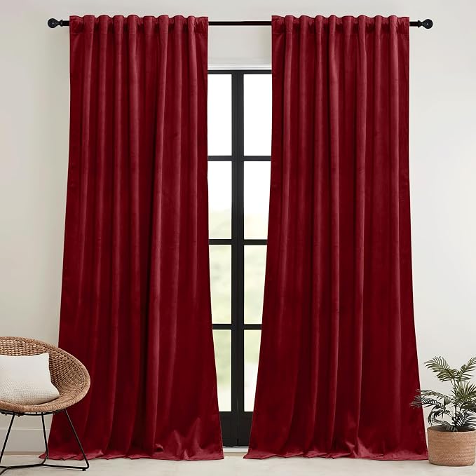 RYB HOME Chistmas Red Velvet Curtains- Super Soft Thermal Insulated Back Tab & - Image 2