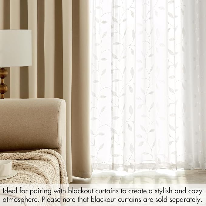 MIULEE White Sheer Curtains 2 Panels Embroidered Leaf Patterned Rod Pocket - Image 7