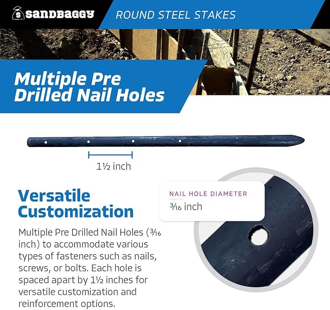 Sandbaggy Round Steel Concrete Form Stakes with Nail Holes - Rust Resistant Coating - Removable, Reusable (400, 3/4 in X 18 in)