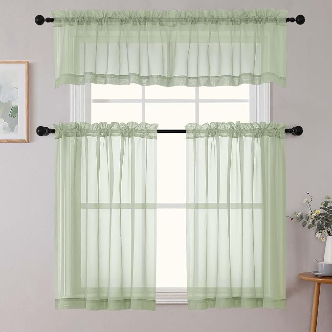 Light Green Kitchen Curtains 30 Inch Length Tier 2 PCS, Solid Soft Airy Half - Image 8