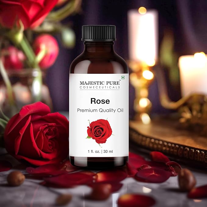 Majestic Pure Rose Essential Oil with Glass Dropper - 1 Fl Oz - 100% Pure and Natural Rose Oil - Premium Grade Essential Oils for Diffuser, Aromatherapy, Soap and Candle Making