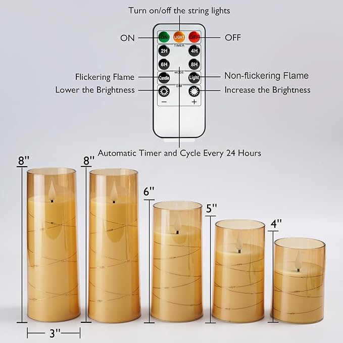 Homemory Acrylic Flameless Candles with Embedded Star String Fairy Lights, Battery Operated Candle, LED Candles, Fake Candles with Remote Control and Timer for Halloween, Amber, Set of 5(H4"5"6"8"8")