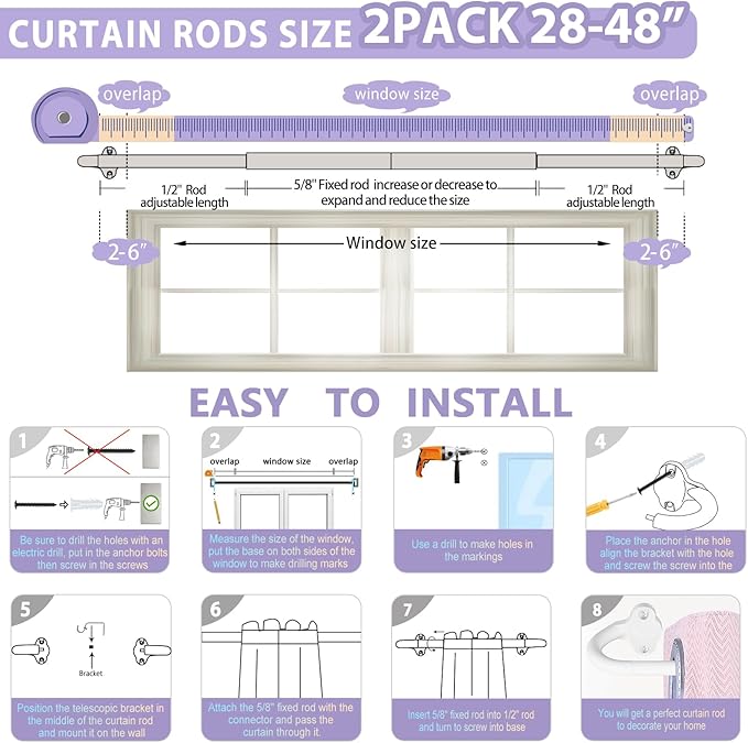 TVWOO 2 Pack Wrap Around Curtain Rods, 5/8 Inch Adjustable Blackout Curtain Rod - Image 3