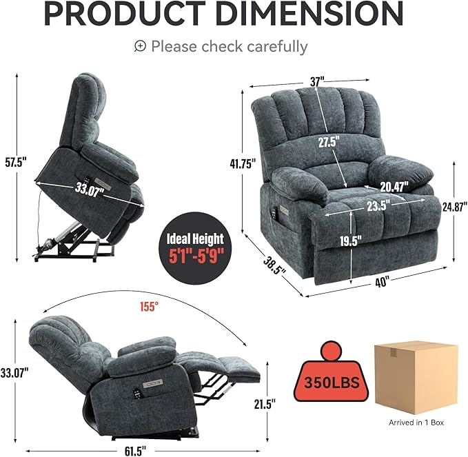 Power Lift Chair with Vibration Massage and Lumbar Heat for Elderly, Electric Recliner Chair Max 155° with Charging Ports, Blue Gray