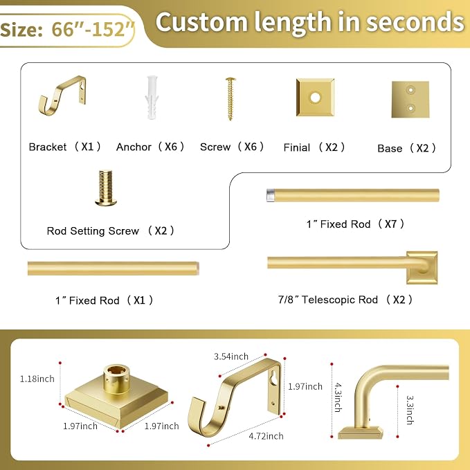 Gold Curtain Rods for Windows 66-152Inch Heavy Duty Wrap Around Blackout - Image 9