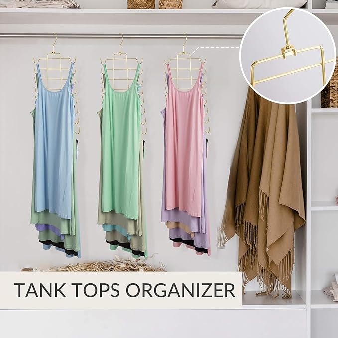 ZEDODIER 3 Pack Tank Top Hanger, Space Saving Bra Hangers, Non-Slip Hanging Sport Bras Holder, Closet Organizers and Storage for Camisoles Tank Tops Bras Ties Swimsuits Strappy Dress, Gold