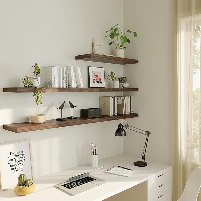 Large Floating Shelves for Wall Set of 3 Wooden Wall Shelves 30 in x 12.75 in x 2 in Room Decor Long Shelf with Invisible Wall Mount Bracket for Bedroom Kitchen Living Room Walnut