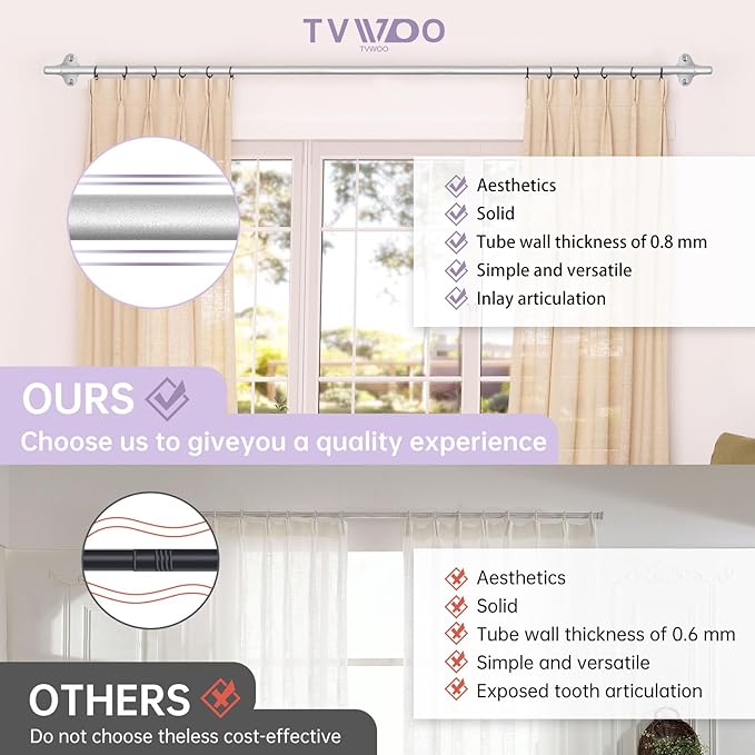 TVWOO Silver Wrap Around Curtain Rods:5/8 In Blackout Adjustable Window Curtain - Image 6