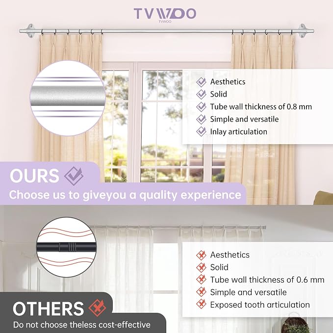 TVWOO Silver Wrap Around Curtain Rods:5/8In Blackout Adjustable Window Curtain - Image 6