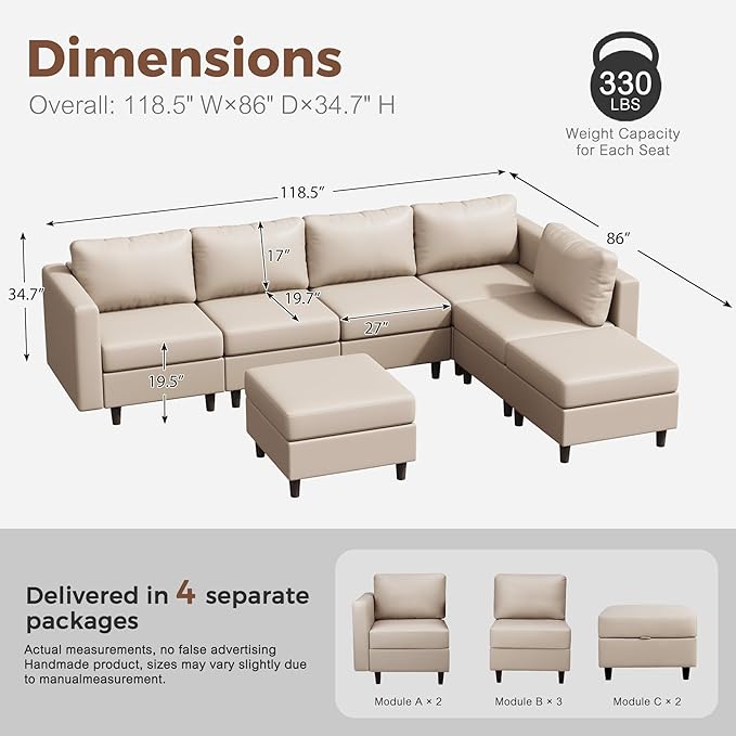 118.5" Faux Leather Modular Sectional Sofa, L Shaped Couch Set for Living Room, 7-Seater Comfy Cloud Couches with Storage Seat Whitesand