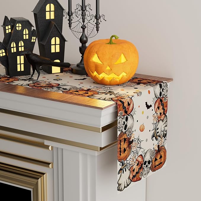 XCHI Spooky Skeleton Ghost Pumpkin Halloween Table Runner Party Table Decoration for Home Kitchen Dining Holiday Decor 13x108 Inch