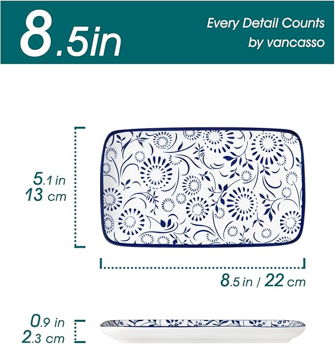 vancasso Selene 8.5 Inch Rectangular Salad Plates Set of 6, Ceramic Salad Plates for Sushi, Dessert, Appetizer, Porcelain Platters for Kitchen Decor, Microwave & Oven Safe, Vintage Blue & White Color