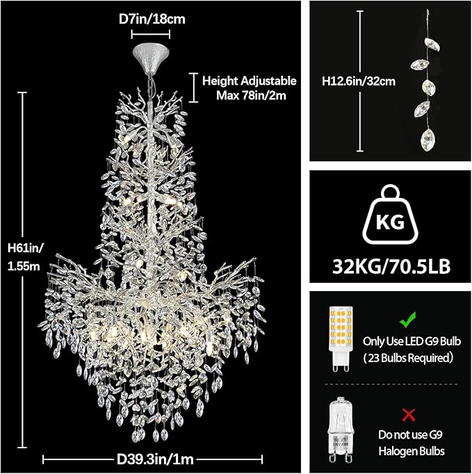 H61'' Modern Silver K9 Crystal High Ceiling Chandeliers, 23-Lights Staircase Chandeliers,Large Crystal Tree Branch Chandelier, D40'' Foyer Chandelier,for Living Room,Entryway