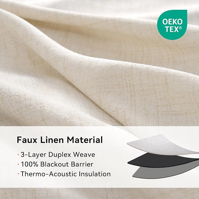 100% Blackout Linen Textured Curtains 80 Inch Long, Butter Cream | 100% - Image 4