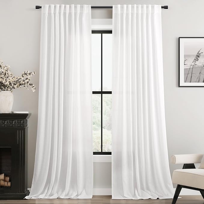 White Curtains 96 inches Long 2 Panels Back Tab Light Filtering Cotton Textured by Jolilight