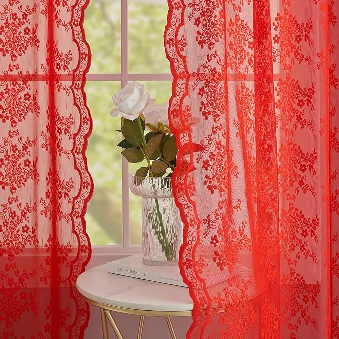 YJ YANJUN Vintage Lace Curtains 96 Inches Long-Victorian Floral Pattern Red - Image 3