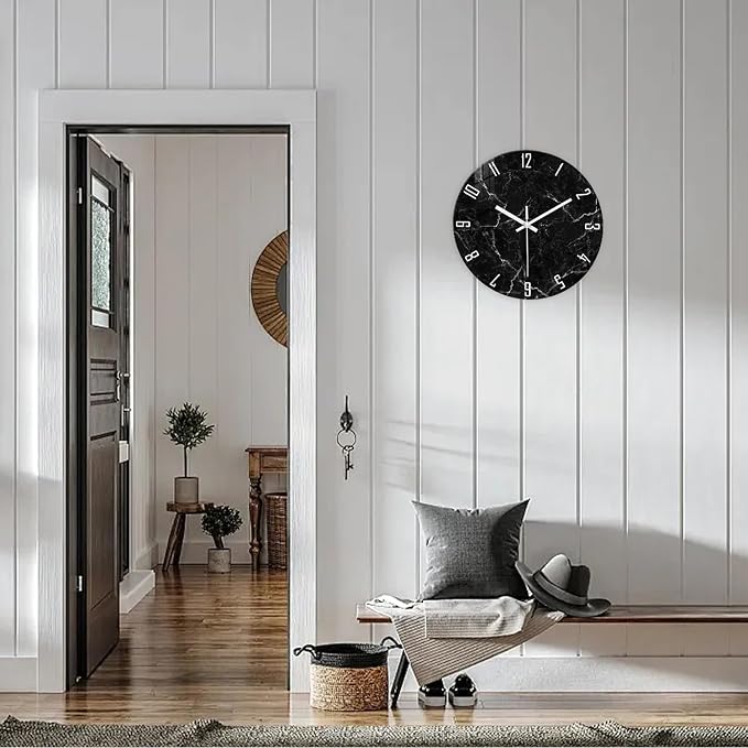 Big Wall Clock for Living Room Decor Marble Glass Wall Clock Battery Operated 16 Inch Black Wall Clocks Non Ticking
