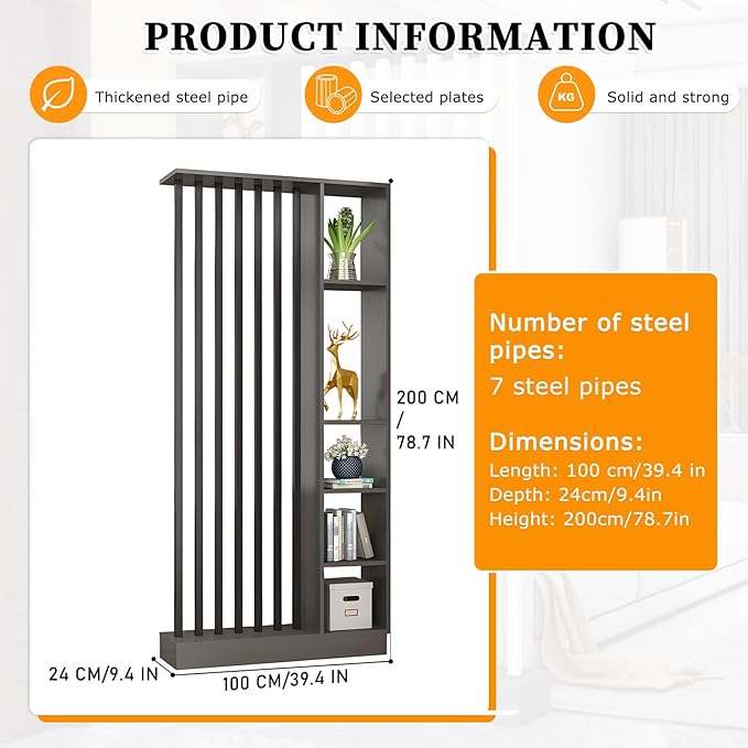 Wall Room Divider,Freestanding Room Divider with Shelves,Wood Room Divider Screen with Storage Cabinet, Wall Divider for Room Separation, for Home Office Decorative D 39.4×9.4×78.7in