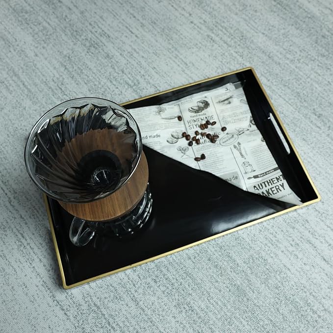 Spsyrine Black Decorative Serving Tray with Handles, Elegant Plastic Coffee Table Tray for Ottoman, Living Room, Home Decor 15.6" X 10.2"